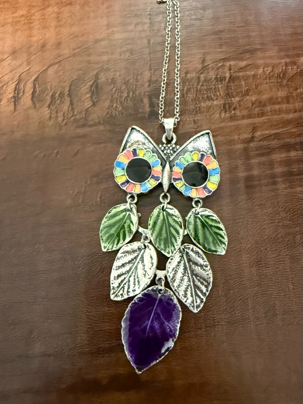 Mudd Silver-Tone Owl Leaf Pendant Necklace with Multicolor Accents *NWT